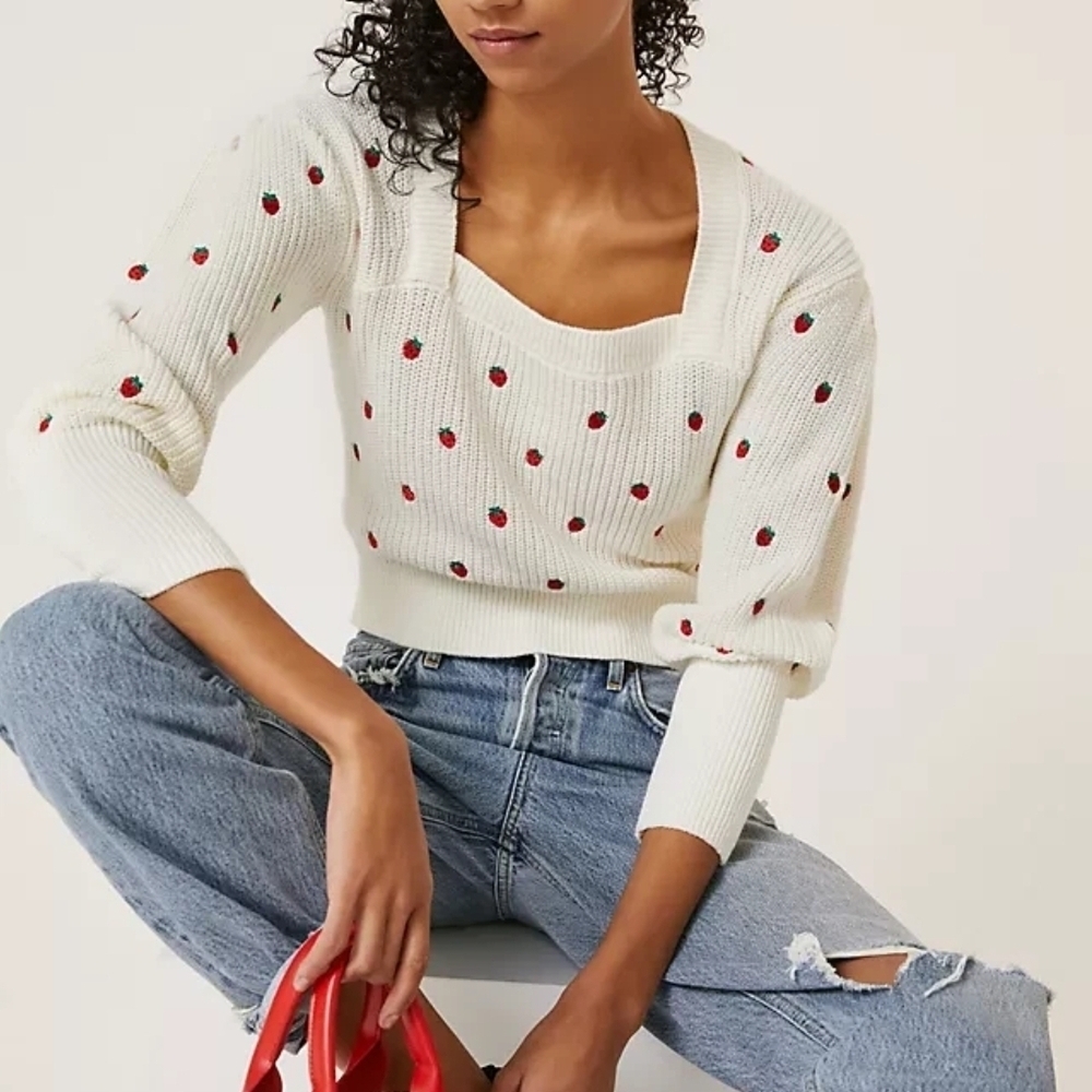 Maeve Anthropologie Embroidered Strawberry Puff Sleeve Square Neck Sweater Sz XS